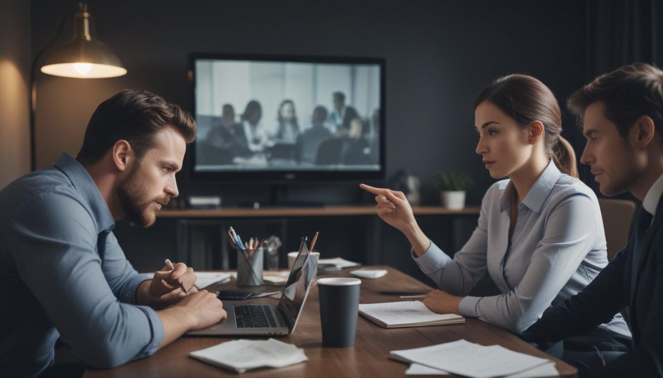 Employees in a meeting discussing performance pay
