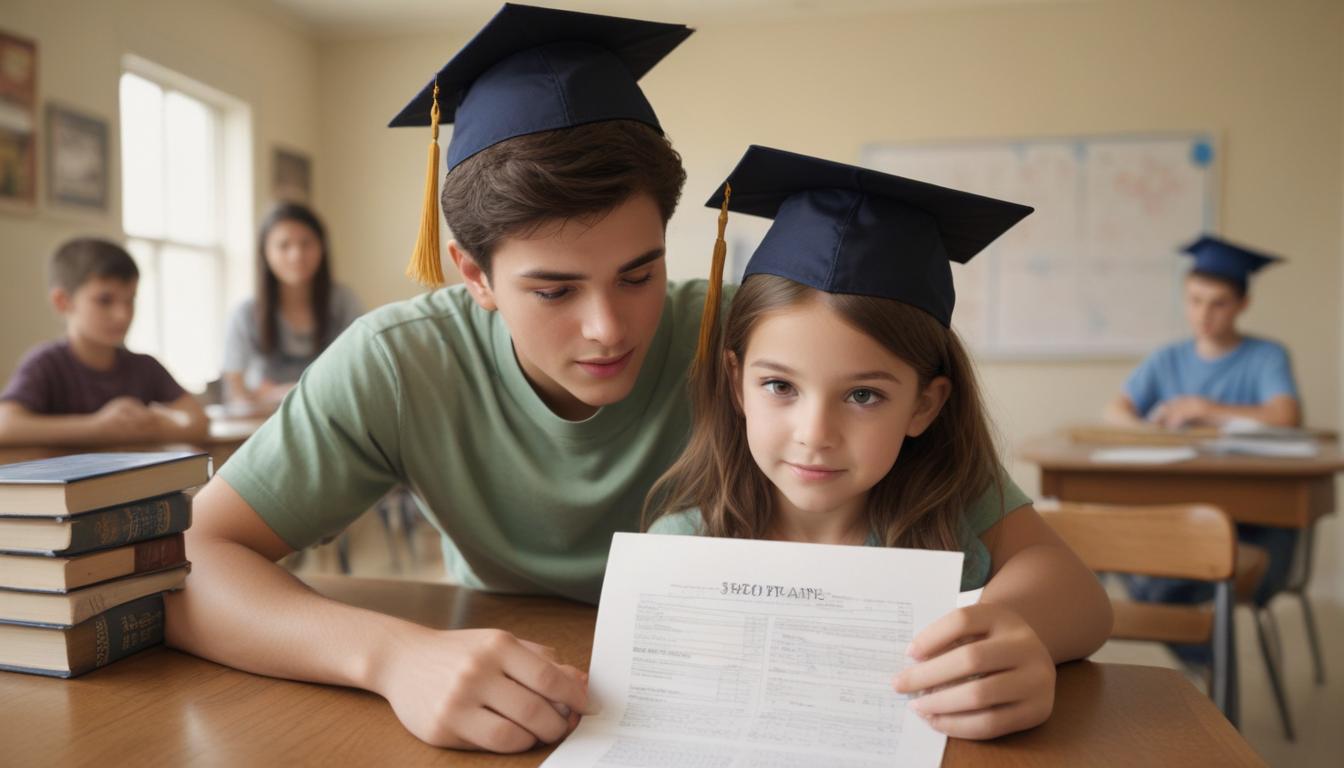 Illustration of a family looking at a laptop with charts, representing college savings planning with a 529 plan.