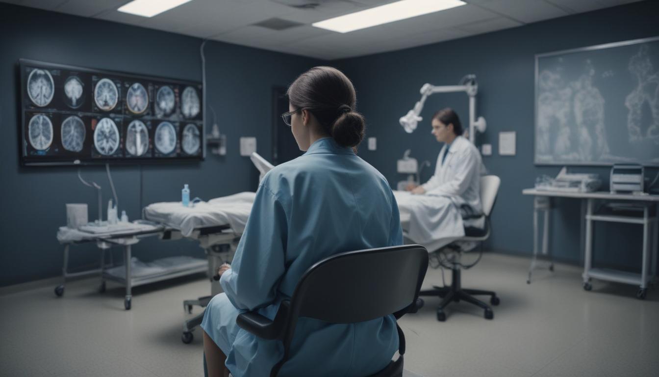 A doctor interacting with a patient, with transparent overlay of medical data visualizations and AI symbols, representing AI's role in healthcare diagnosis.