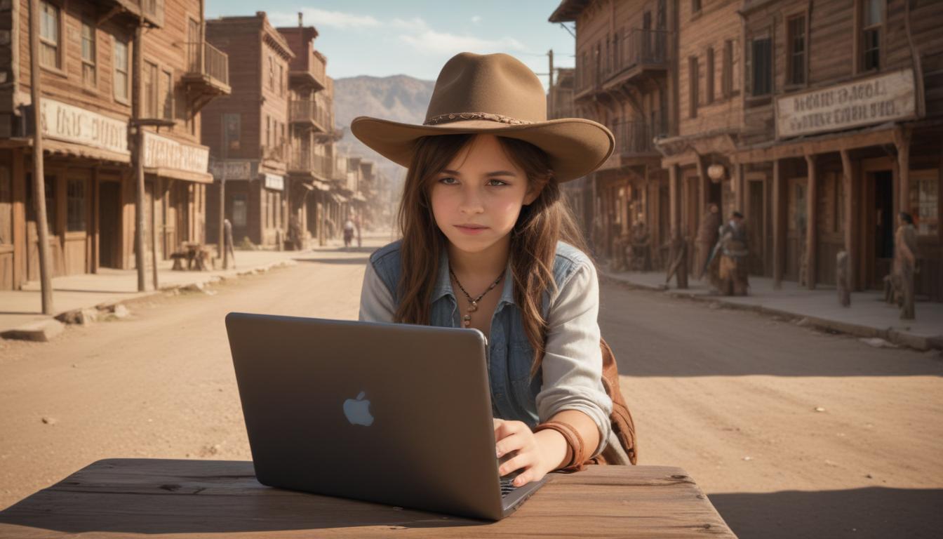 A person using a laptop with various digital citizenship concepts represented around them such as privacy, security, and responsible online behavior.