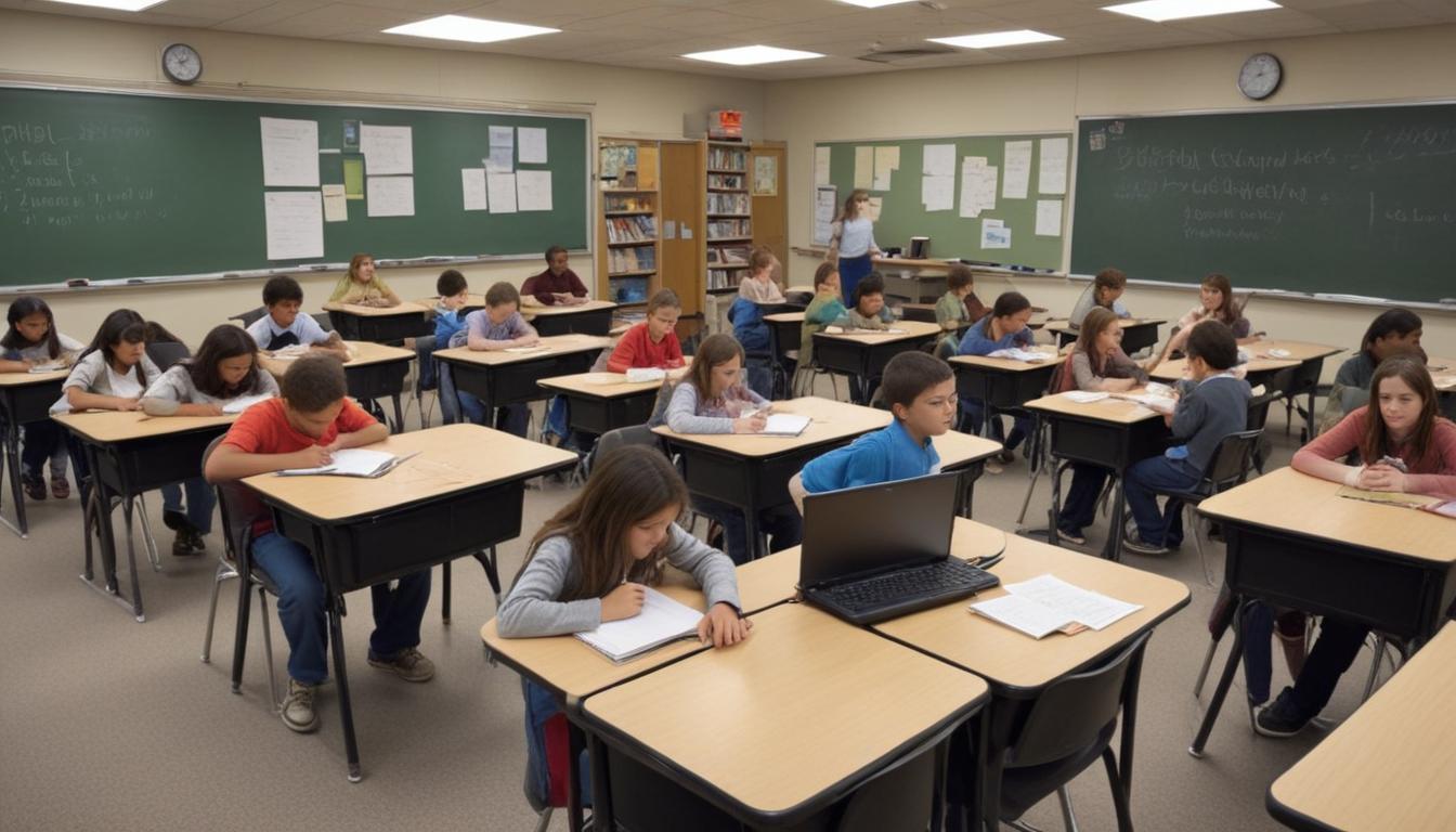Students in a modern classroom setting collaborating and interacting, with a teacher facilitating their learning.