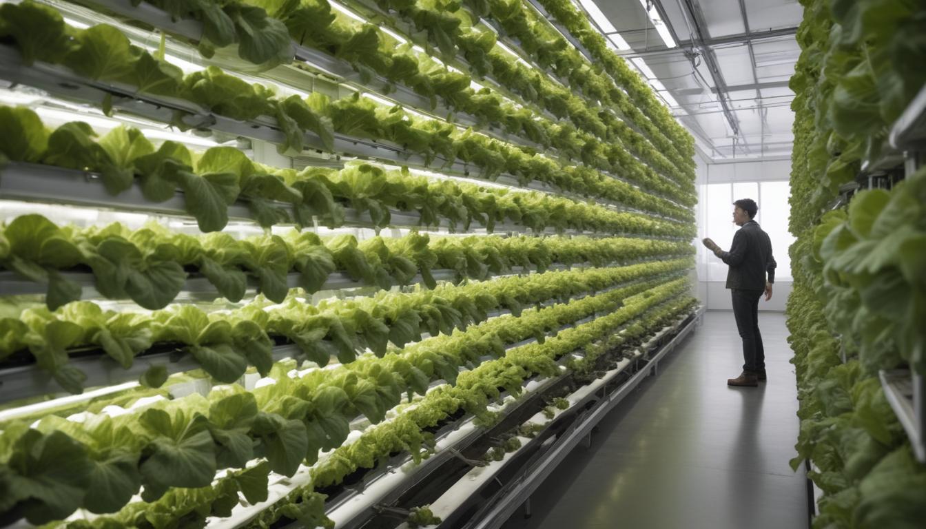 Vertical farm showing rows of stacked crops under LED lights