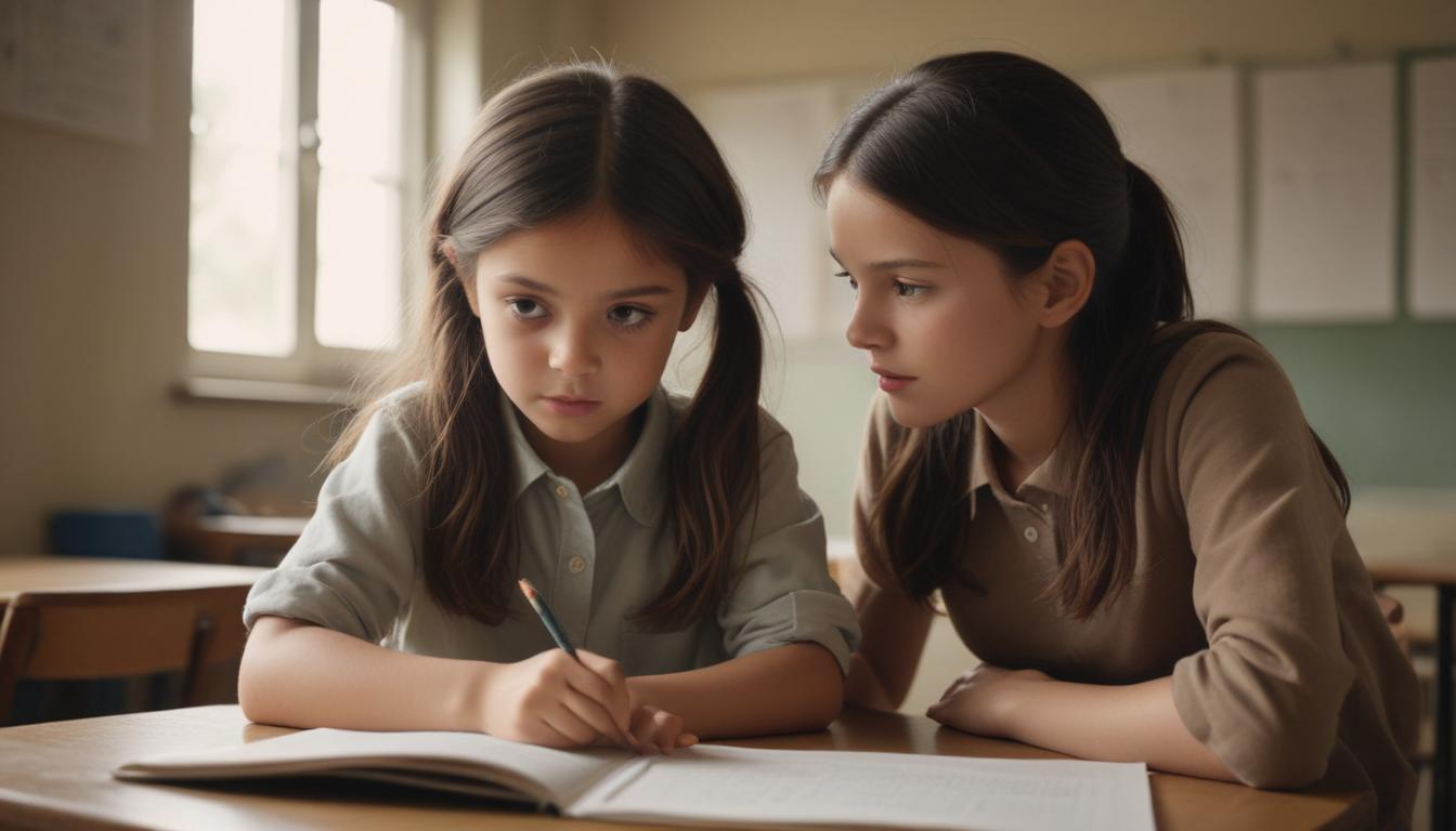 A parent and child looking at a book together, possibly learning or reading