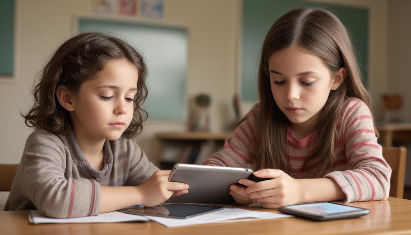 Child using a tablet or digital device, illustrating screen time impact on learning.
