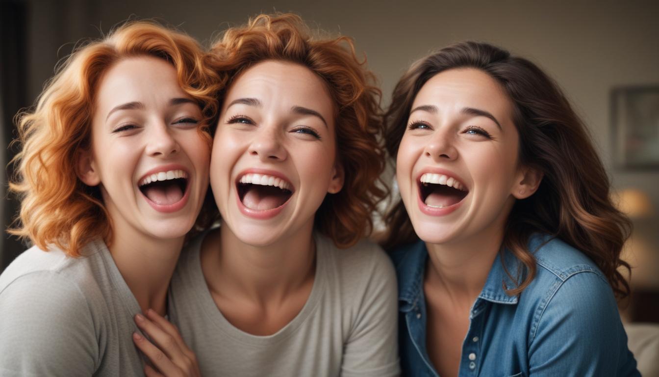 A group of people laughing heartily, symbolizing joy and stress relief