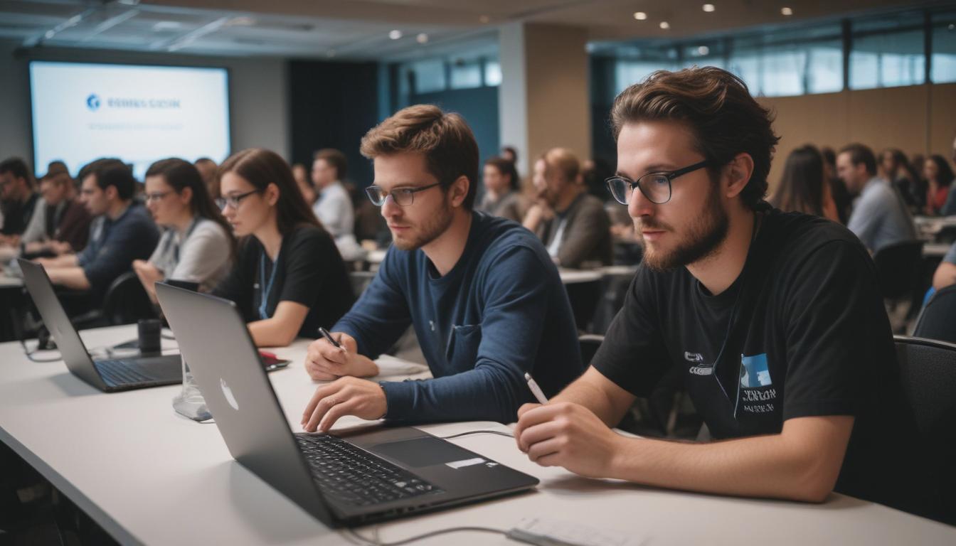 A person networking at a tech event, symbolizing career growth and learning.