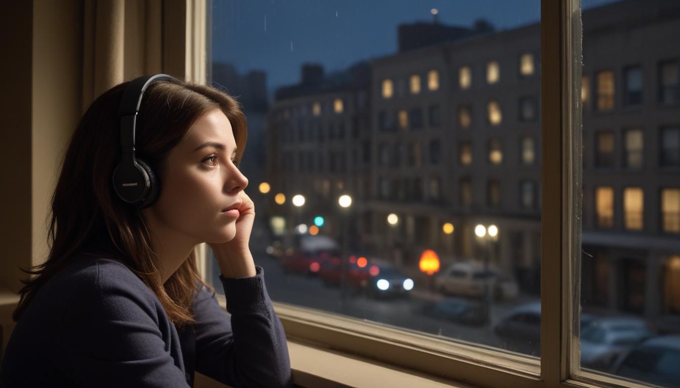 A person covering their ears, distressed by loud urban noise, symbolizing noise pollution's impact.