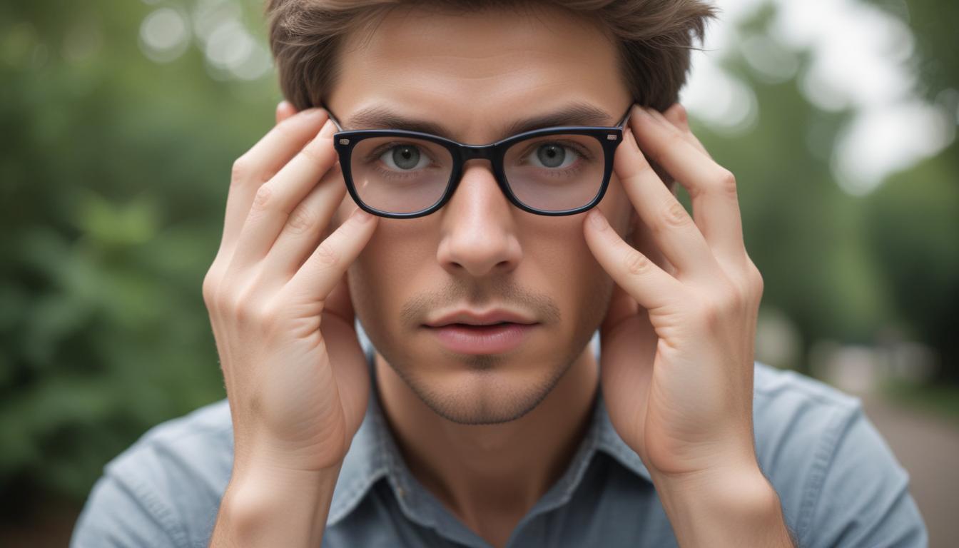 Person looking at a computer with an overlay of eye discomfort symptoms