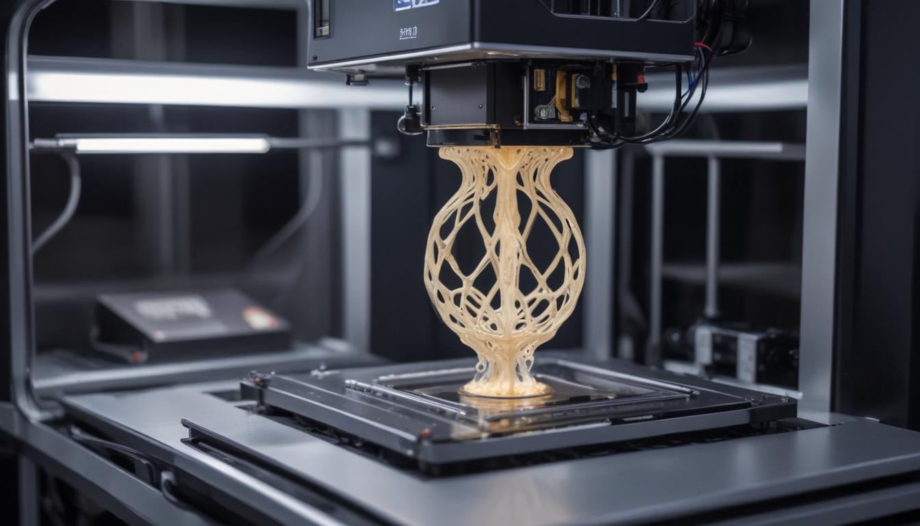 A 3D printer building an object layer by layer, with an emphasis on its future impact.