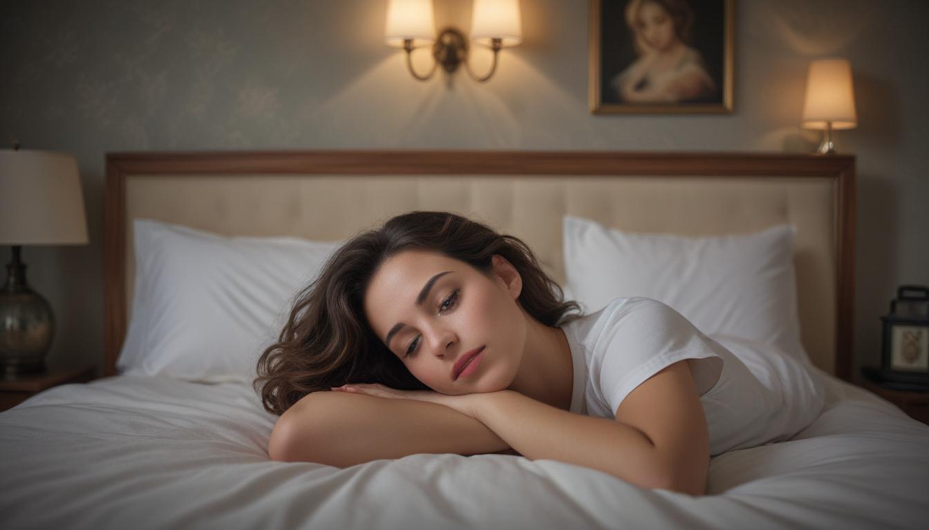 Illustration showing various sleep hygiene tips for better sleep, including a person relaxing in bed, dim lighting, and a soothing environment.