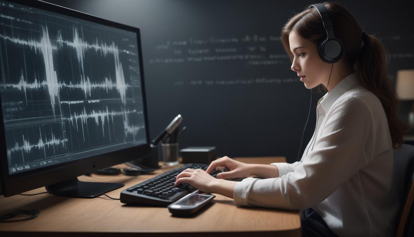 A woman speaking into a smart home device, illustrating voice interaction.