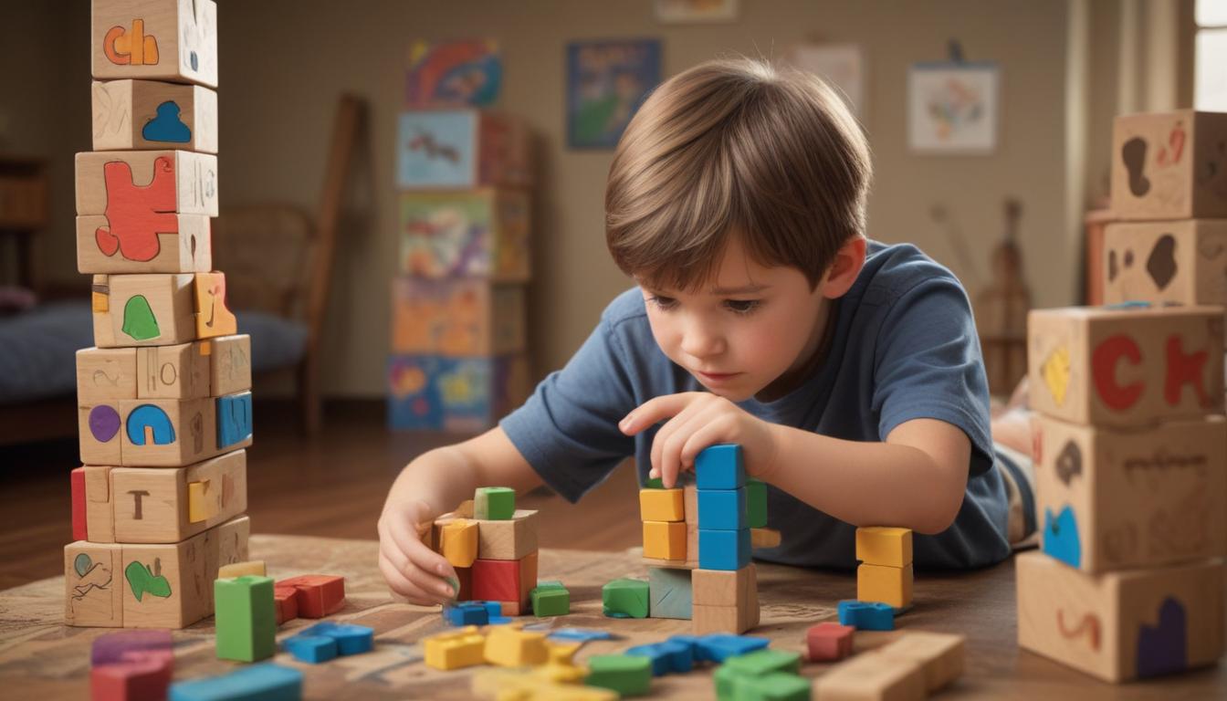 A young child playing with building blocks, deeply focused, illustrating the brain-building power of play.