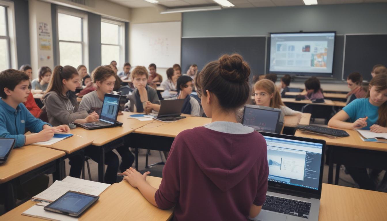 The Next Wave of Blended Learning, showing a diverse group of students interacting with technology in a modern classroom setting