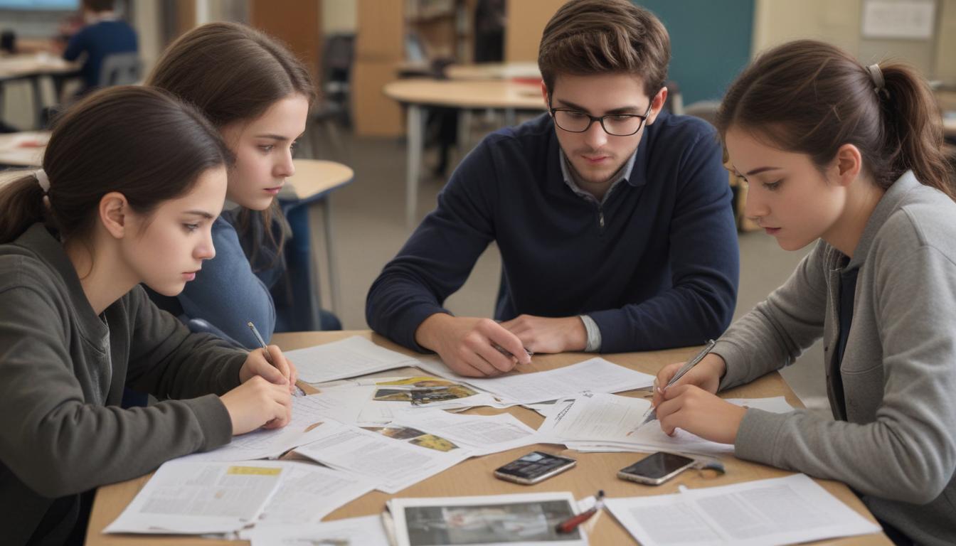 A diverse group of students or colleagues engaged in collaborative learning, sharing ideas and working together around a table.