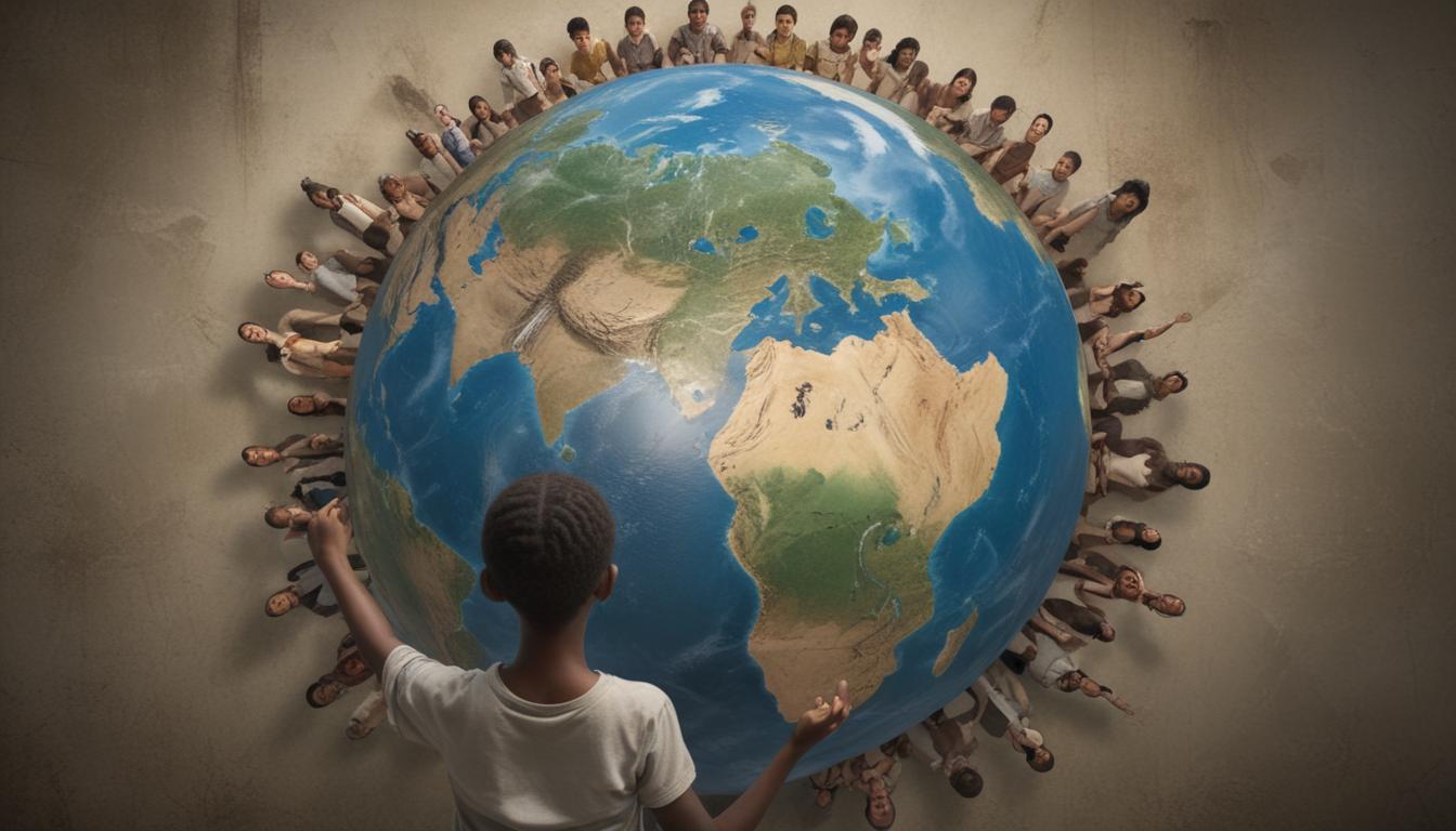 A diverse group of people from different backgrounds stand together on a globe, symbolizing global citizenship and interconnectedness.