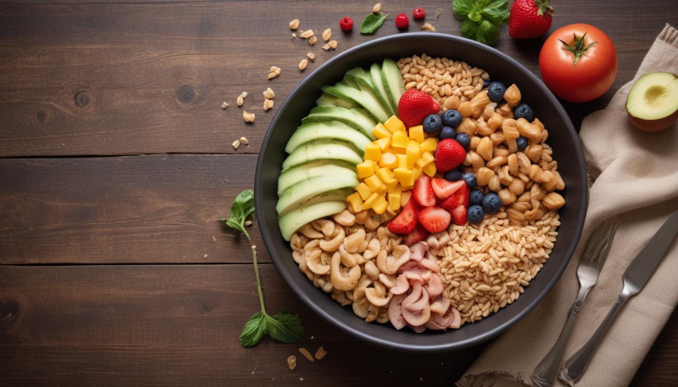 A vibrant collage of fiber-rich foods like oats, berries, nuts, and vegetables, illustrating a healthy approach to weight loss.
