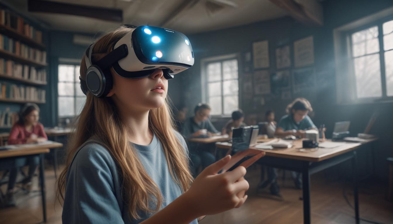 Students using VR headsets in a classroom setting, engaging with educational content.
