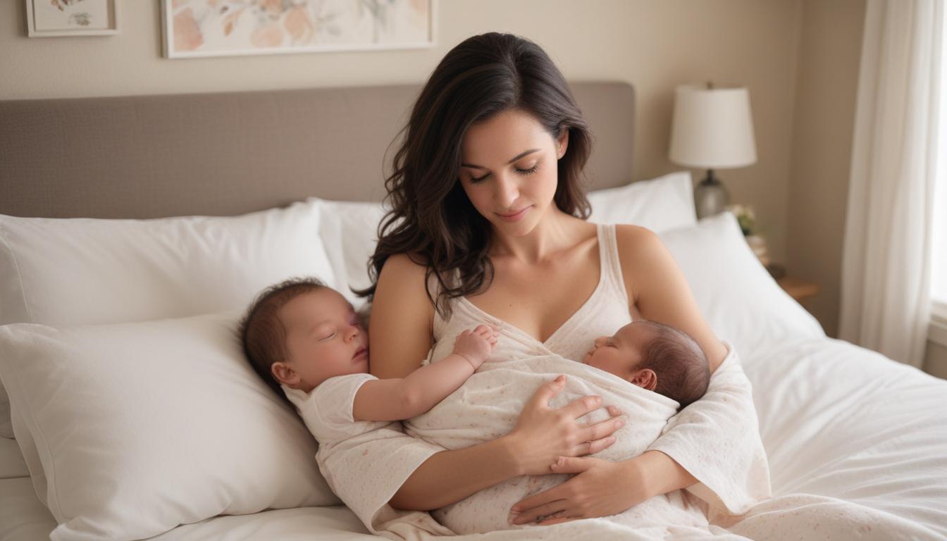A new mother holding her baby, symbolizing postpartum well-being and rest.