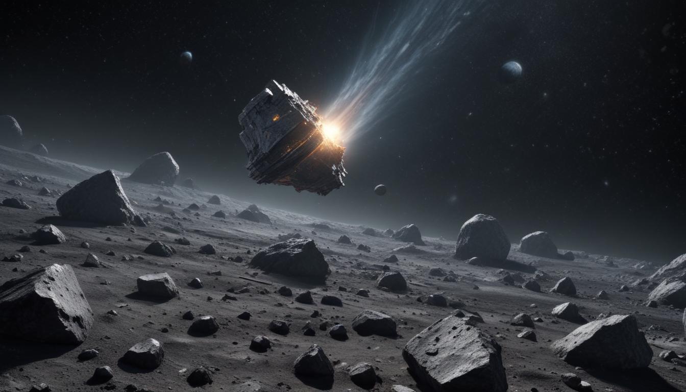 An artistic representation of asteroid mining, showing a spacecraft extracting resources from an asteroid.