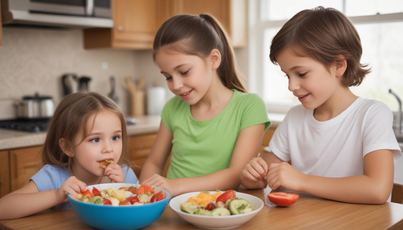 A child joyfully eating a colorful and healthy meal, demonstrating healthy growth and a positive relationship with food.