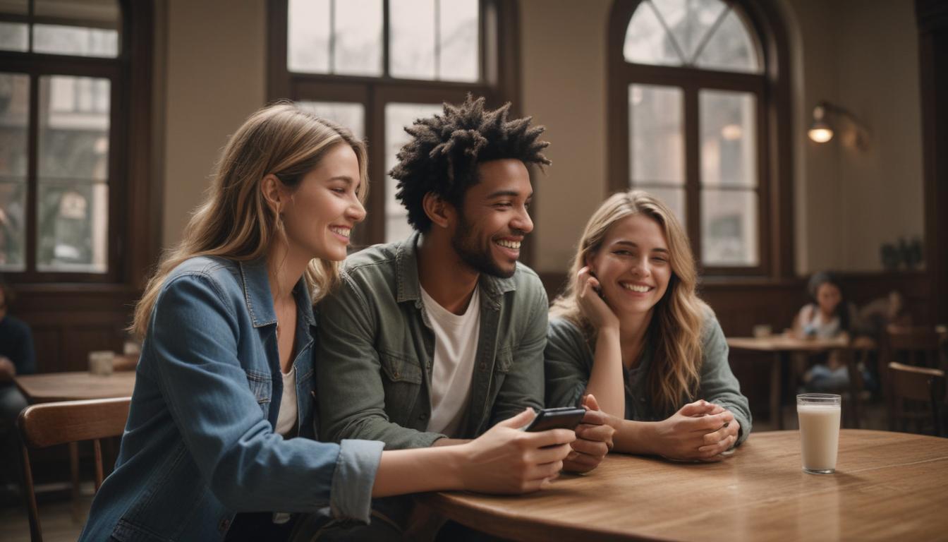 Two people laughing and connecting over coffee