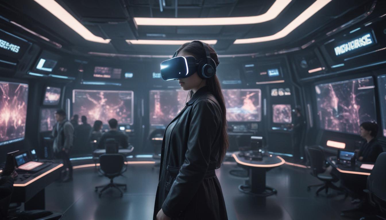 A person interacting with digital elements in an immersive virtual reality environment, representing the metaverse.