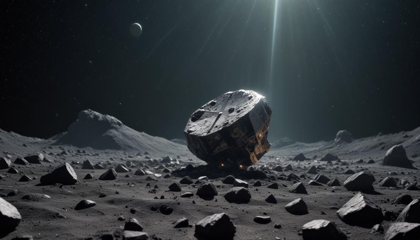 A concept image of a large spacecraft mining an asteroid with smaller support vessels around it